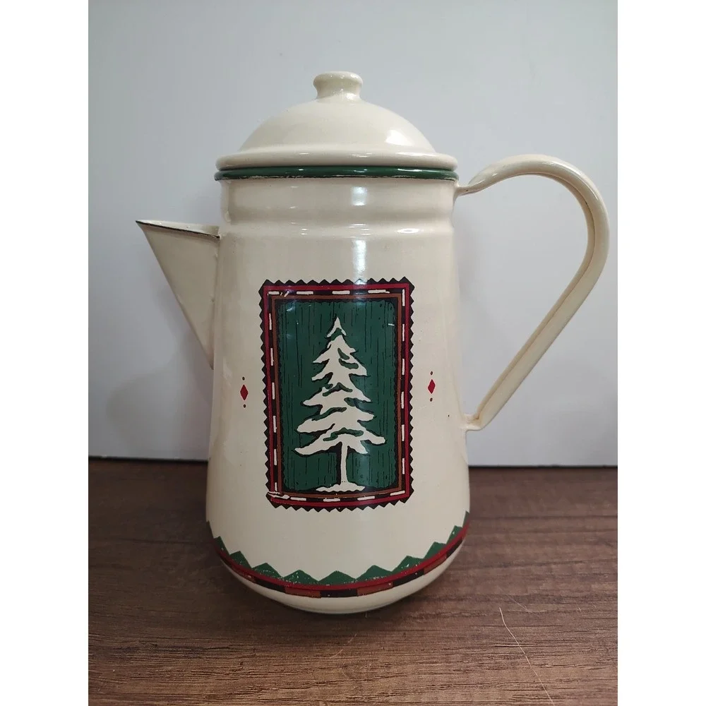 Lodge Enamelware Christmas Coffee Pot Graniteware Beige Green Vintage Read S15